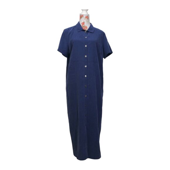 Talbot's Sz 16 Women's Maxi Shirt Dress Blue Pocket Short Sleeve Casual Relaxed - Picture 1 of 8